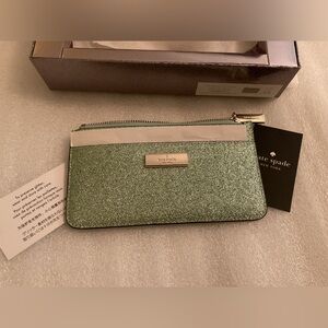 NIB Kate Spade Kenzie Seawater Green Glitter Slim Zip Wallet DISCONTINUED